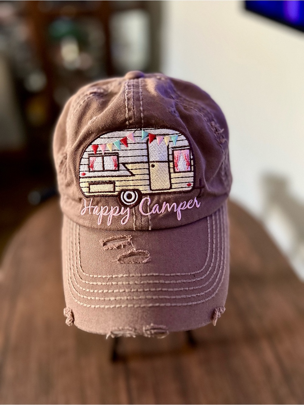 KBETHOS Vintage Brown 'Happy Camper' Embroidered Distressed Baseball Hat